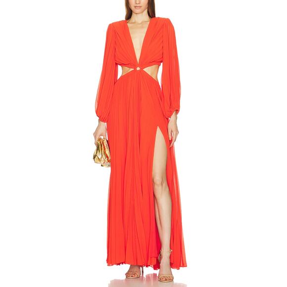 Michael Costello Orange Plunging Gown Orange XS Pleated Designer Slit $388 NEW - Picture 1 of 8